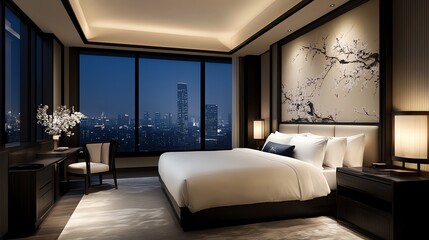 Luxury Hotel Bedroom Interior at Night with City Skyline View