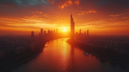 Fototapeta premium A towering glass skyscraper stands amidst a bustling cityscape, bathed in golden hour light, evoking urban elegance and modern grandeur