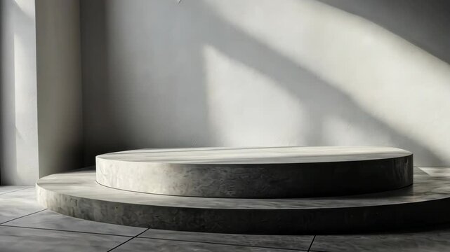 Sunlit shadows dance across concrete platforms in minimalist setting