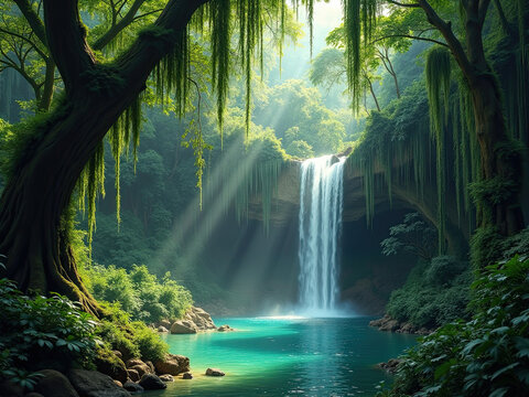 Serene Waterfall in Lush Green Jungle