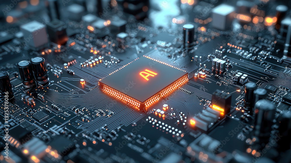 Poster a complex luminous microchip at the heart of an intricate high tech circuit board representing the p