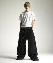 Fototapeta premium A male model wearing baggy, wide-leg black jeans and a white t-shirt, standing in front of a white background. 