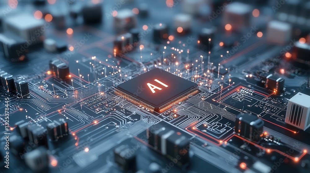 Poster close up view of a luminous intelligence microchip surrounded by a complex network of electronic com