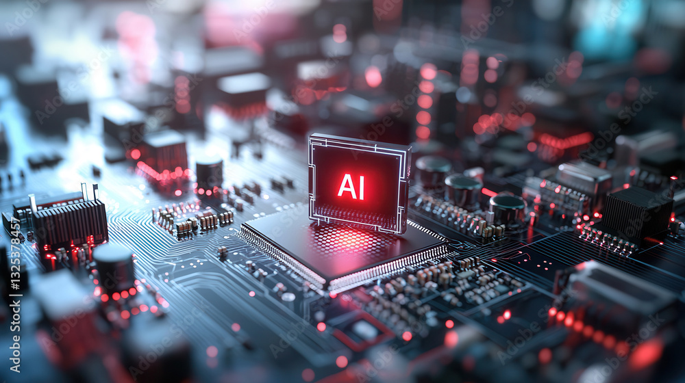 Aufkleber close up view of a glowing red lit microchip at the heart of a complex futuristic electronic circuit