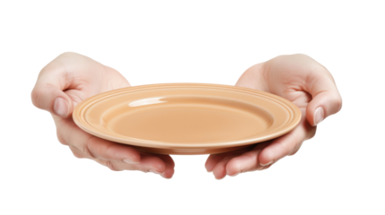Two hands holding empty beige plate on transparent background