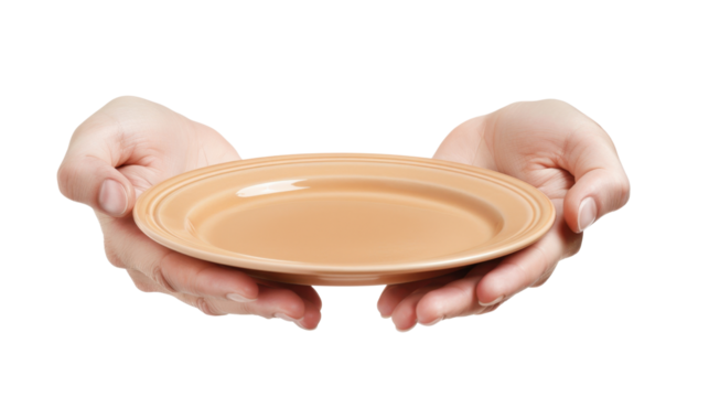 Two hands holding empty beige plate on transparent background