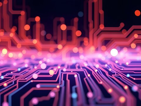 Futuristic Circuit Board Design, Abstract Technology Background with Glowing Lines and Dots, Digital Concept.