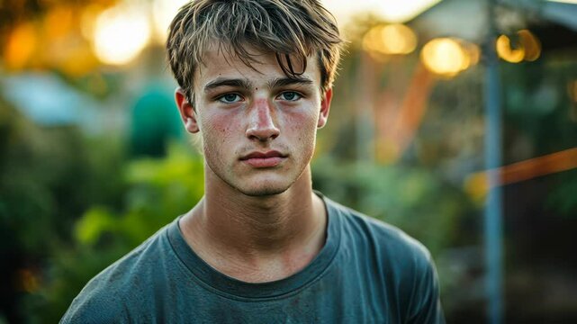 Young man in serene garden setting at golden hour captures reflective mood
