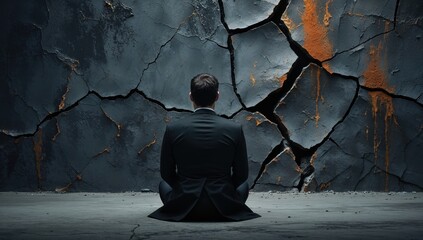 Man in suit meditating in front of cracked wall