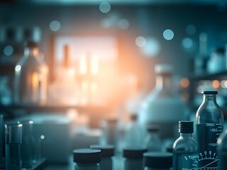Detailed Laboratory Interior with Beakers, Bottles, and Scientific Equipment, for Science, Research, and Healthcare Concepts.