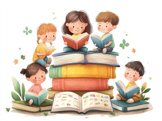 Cute Kids Enjoying Storybooks on Piles of Illustrated Books – Children's Book Day Art