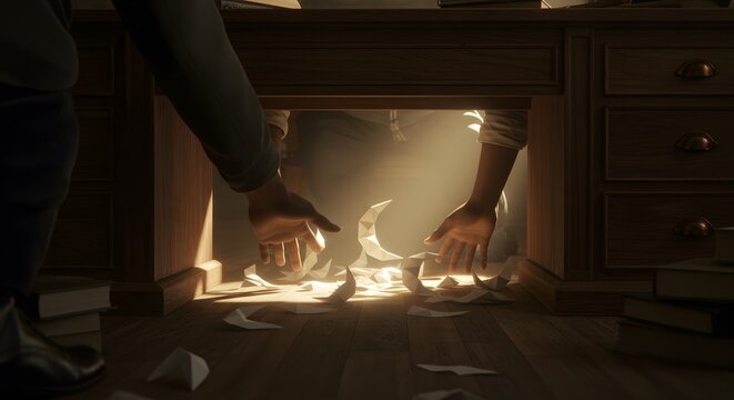 Mysterious figures gathering scattered papers underneath wooden desk 3d low key art dark clue room - Powered by Adobe