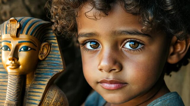 Curious child gazes intently beside a pharaoh statue