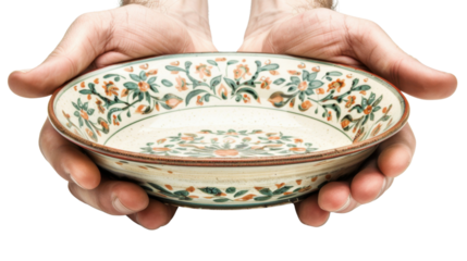 Two hands holding empty bowl on transparent background