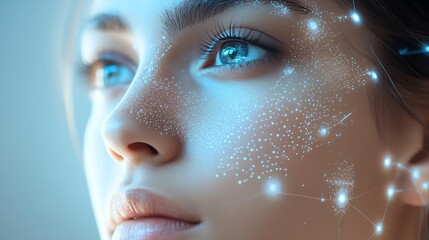 Fototapeta premium A close-up of a young woman's face with sparkling details, emphasizing her expressive blue eyes and a futuristic, ethereal aesthetic.