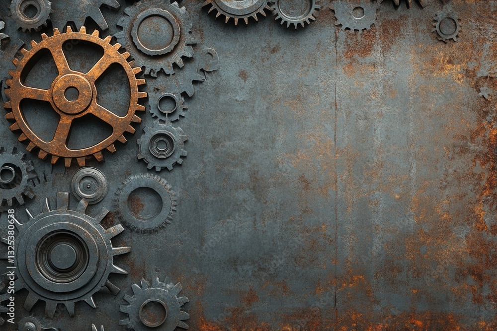 Fototapete industrial backdrop featuring gray and rust gear patterns with a metallic gradient for text placemen