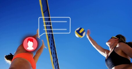 Beach volleyball players reaching for ball with social media notification animation - Powered by Adobe