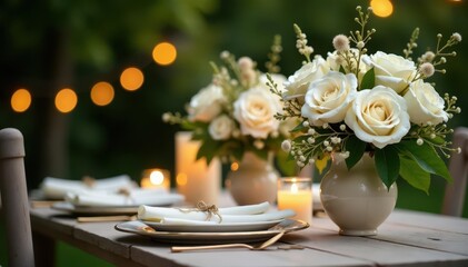 Elegant outdoor table, white roses, dried flowers, candlelight , decor, celebration, shabby chic