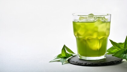 iced green tea in glass refreshing drink white background summer beverage