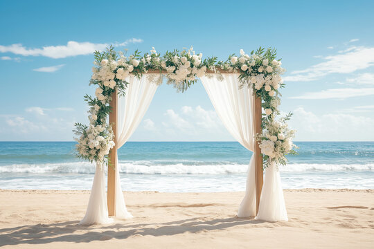 A simple wooden arch with white drapes and greenery, adorned with delicate flowers at the top, set on an empty beach overlooking azure waters. 