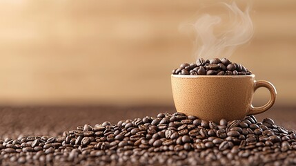 Naklejka premium A close up view of a ceramic cup filled with freshly roasted coffee beans with a gentle wisp of steam rising creating a warm inviting and aromatic scene