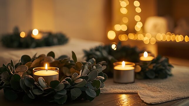 Christmas themed spa retreat soft candlelight festive eucalyptus wreath cozy warm lighting luxurious holiday relaxation scene