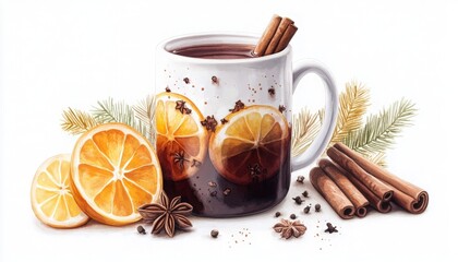 Festive Hot Beverage with Citrus and Spices on a White Background, Perfect for Celebrations and Winter Gatherings.