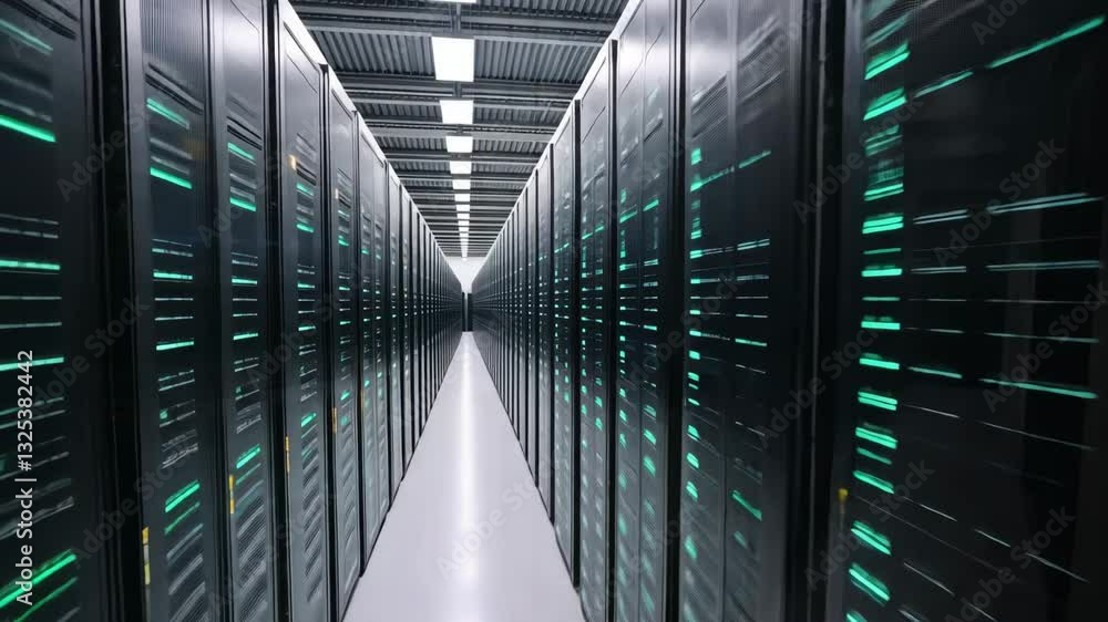 Poster dynamic journey through futuristic data center hallway with illuminated servers