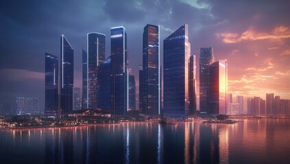 Fototapeta premium Urban Skyline at Sunset: A breathtaking view of a modern cityscape shimmering at dusk. Sleek skyscrapers tower against a vibrant sky reflected in the tranquil waters.