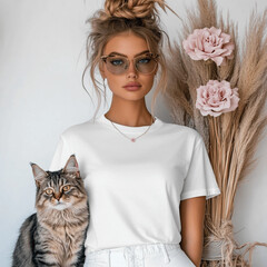 mockup of a woman in white t-shirt with a cat