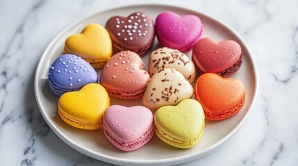Obraz premium Heart shaped colorful macarons on a white plate for festive celebrations
