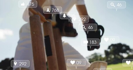 Cricket player in action with social media notifications overlay animation - Powered by Adobe