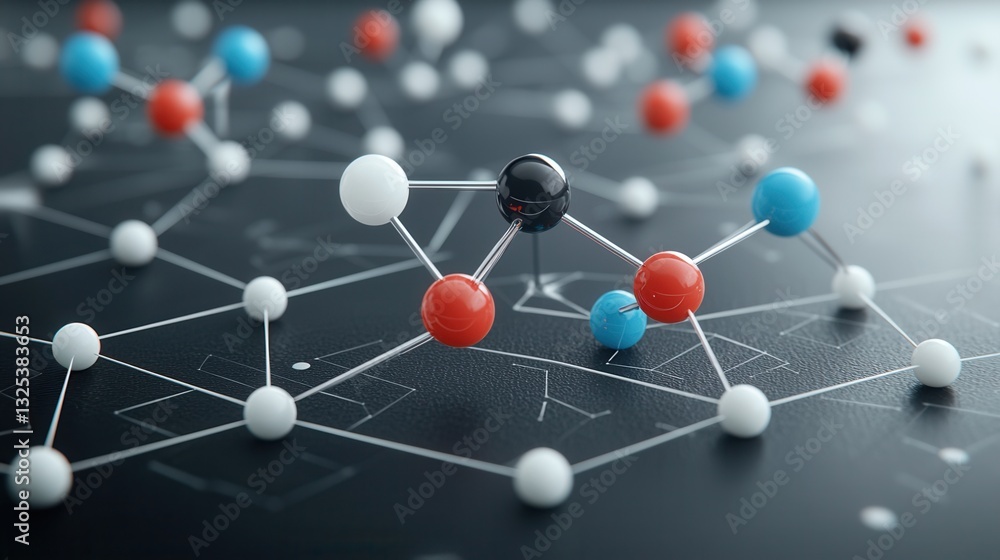 Poster a 3d rendered molecular structure depicting a complex network of interconnected atoms and geometric 