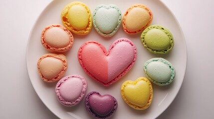 Obraz premium Heart shaped macarons arranged on a plate for a sweet and charming display