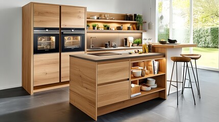 Modern Oak Kitchen Island & Cabinets - Minimalist design