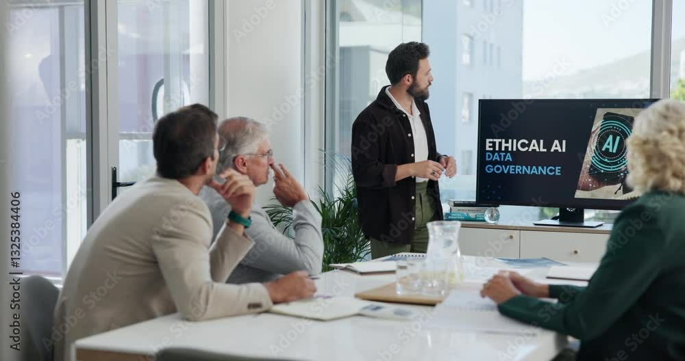 Poster Man, presentation and screen for AI at office for ethics, policy and copyright protection for LLM source data. Person, speaker and meeting for machine learning, software and governance at law firm