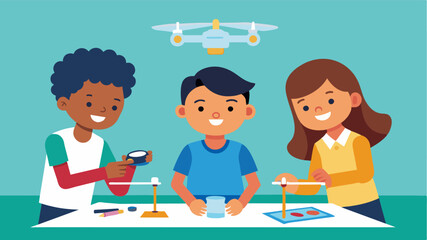 During a STEM workshop children experiment with different materials to create a lightweight and aerodynamic frame for their drone.. Vector illustration