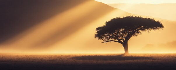 A lone tree stands on a plain bathed in golden sunlight