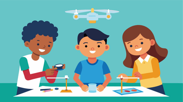 During a STEM workshop children experiment with different materials to create a lightweight and aerodynamic frame for their drone.. Vector illustration