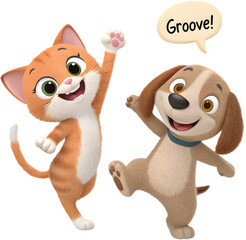 Fototapeta premium The cute kitten and puppy couple cartoon character showcases love, joy, and playful charm. 