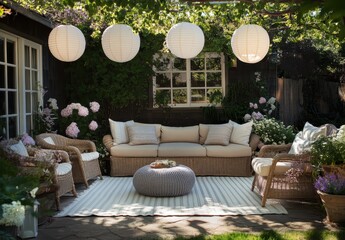 Fototapeta premium Cozy outdoor living space with elegant furniture, decorative lanterns, lush greenery, and a floral backdrop perfect for relaxation and entertainment in summer evenings