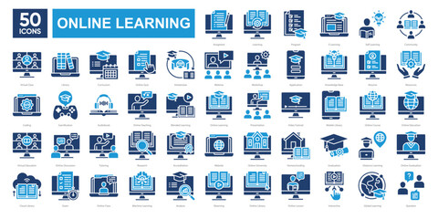 Online Learning icon set . Simple solid color icons collection. Vector illustration