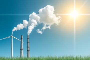 Wind Turbine and Industrial Smokestacks Under a Sunny Sky