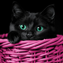  black cat with green eyes in a pink basket 