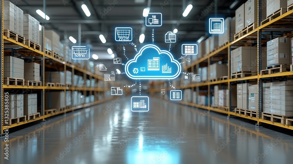 Poster a modern technology driven warehouse featuring endless rows of neatly organized shelves and storage 