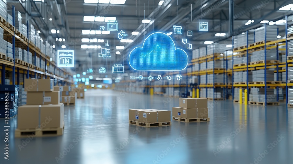 Poster a modern high tech warehouse featuring rows of shelves pallets and boxes with a large cloud icon sym