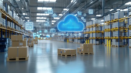 A modern high tech warehouse featuring rows of shelves pallets and boxes with a large cloud icon symbolizing the of digital technology and automation for efficient inventory management and logistics