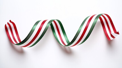 Classic striped Christmas ribbon twirling elegantly a white background forming soft festive curves