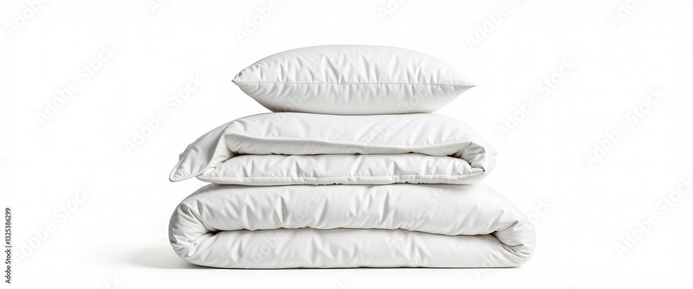 Poster stack of beddings on a white background, featuring a white pillow on the duvet isolated, bedding obj