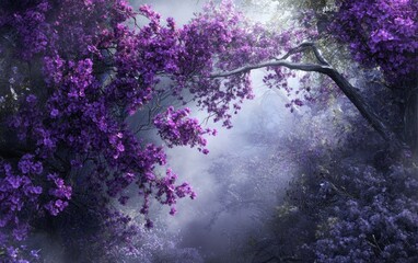 Enchanted Purple Forest Canopy: A Dreamy Floral Landscape in Misty Light